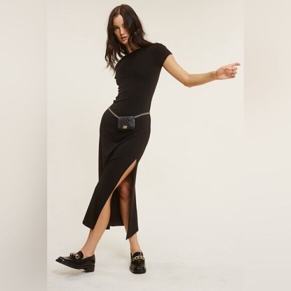 948. BASIC STRETCH JERSEY KIT MIDI SLIT DRESS- BLACK - Picture 1 of 4